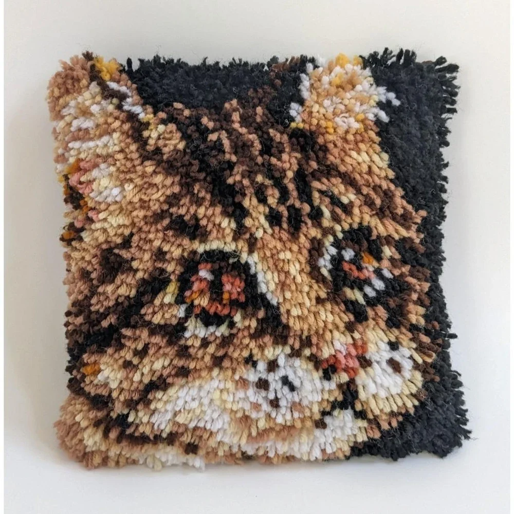 Vintage Latch Hook Tabby Cat Throw Pillow Complete Handmade‎ Shag Retro Feline